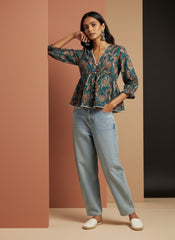 NEEL Comfort Fit Printed Peplum Top – Premium Cotton Casual Top for Women