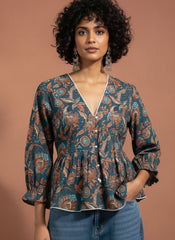 NEEL Comfort Fit Printed Peplum Top – Premium Cotton Casual Top for Women