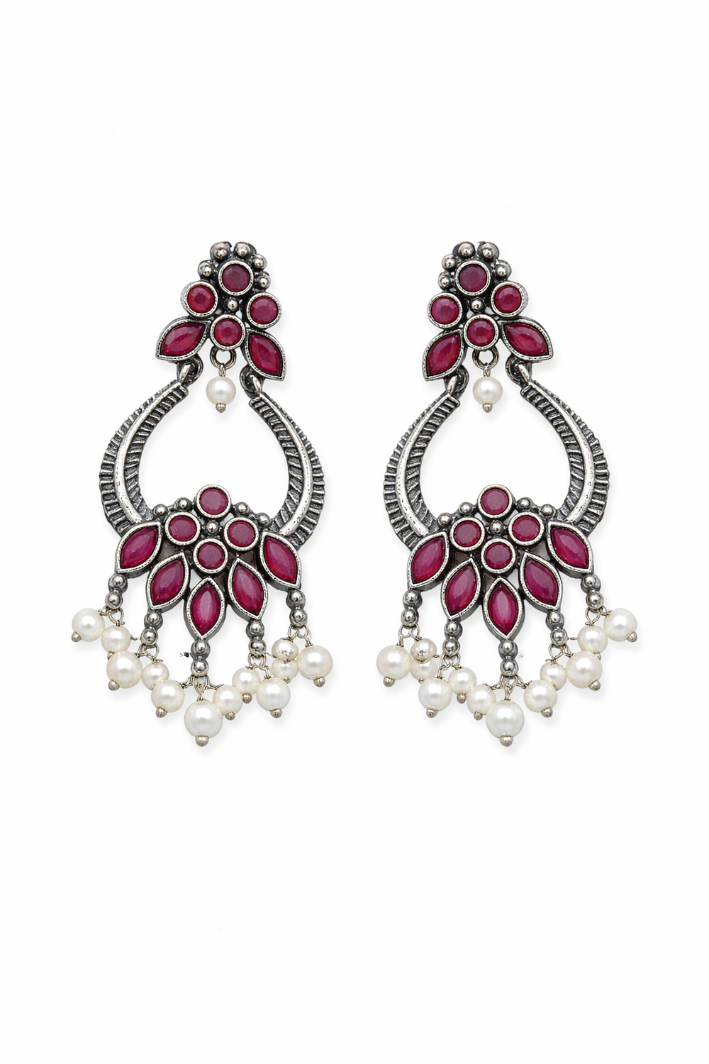 Brass Oxidized Chandbali Earrings with Stone Work & Pearl Danglers Ruby Pink & Dual Pink for women Australia