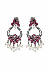 Brass Oxidized Chandbali Earrings with Stone Work & Pearl Danglers Ruby Pink & Dual Pink for women Australia