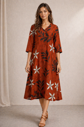 A-Line Wood Brown Cotton Dress – Breathable Floral Everyday Dress for Women | Australia & New Zealand