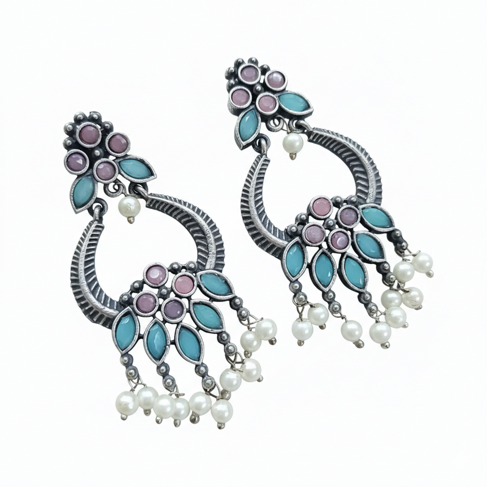 Brass Oxidized Chandbali Earrings with Stone Work & Pearl Danglers Blush Pink & Aqua Blue for women Australia