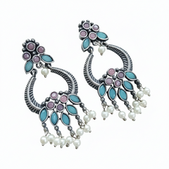 Brass Oxidized Chandbali Earrings with Stone Work & Pearl Danglers Blush Pink & Aqua Blue for women Australia