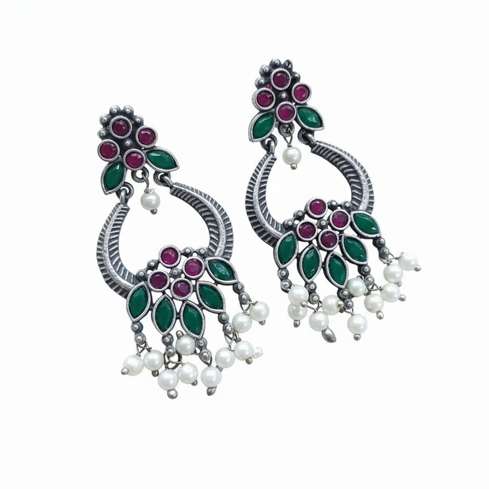 Brass Oxidized Chandbali Earrings with Stone Work & Pearl Danglers Ruby Pink & Emerald Green for women Australia