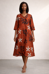 A-Line Wood Brown Cotton Dress – Floral Everyday Elegance