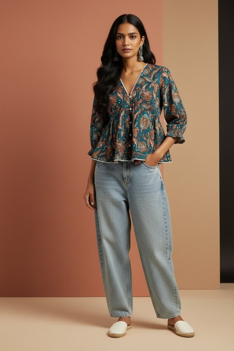 NEEL Comfort Fit Printed Peplum Top – Premium Cotton Casual Top for Women