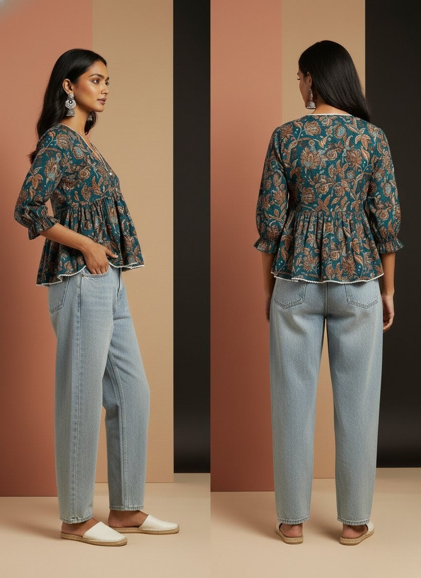 NEEL Comfort Fit Printed Peplum Top – Premium Cotton Casual Top for Women