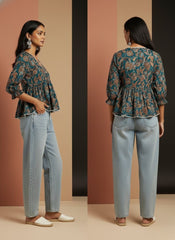 NEEL Comfort Fit Printed Peplum Top – Premium Cotton Casual Top for Women