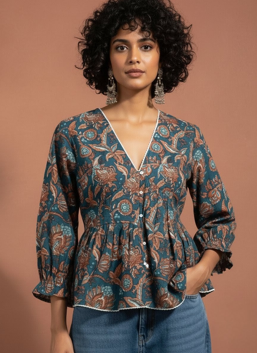 NEEL Comfort Fit Printed Peplum Top – Premium Cotton Casual Top for Women