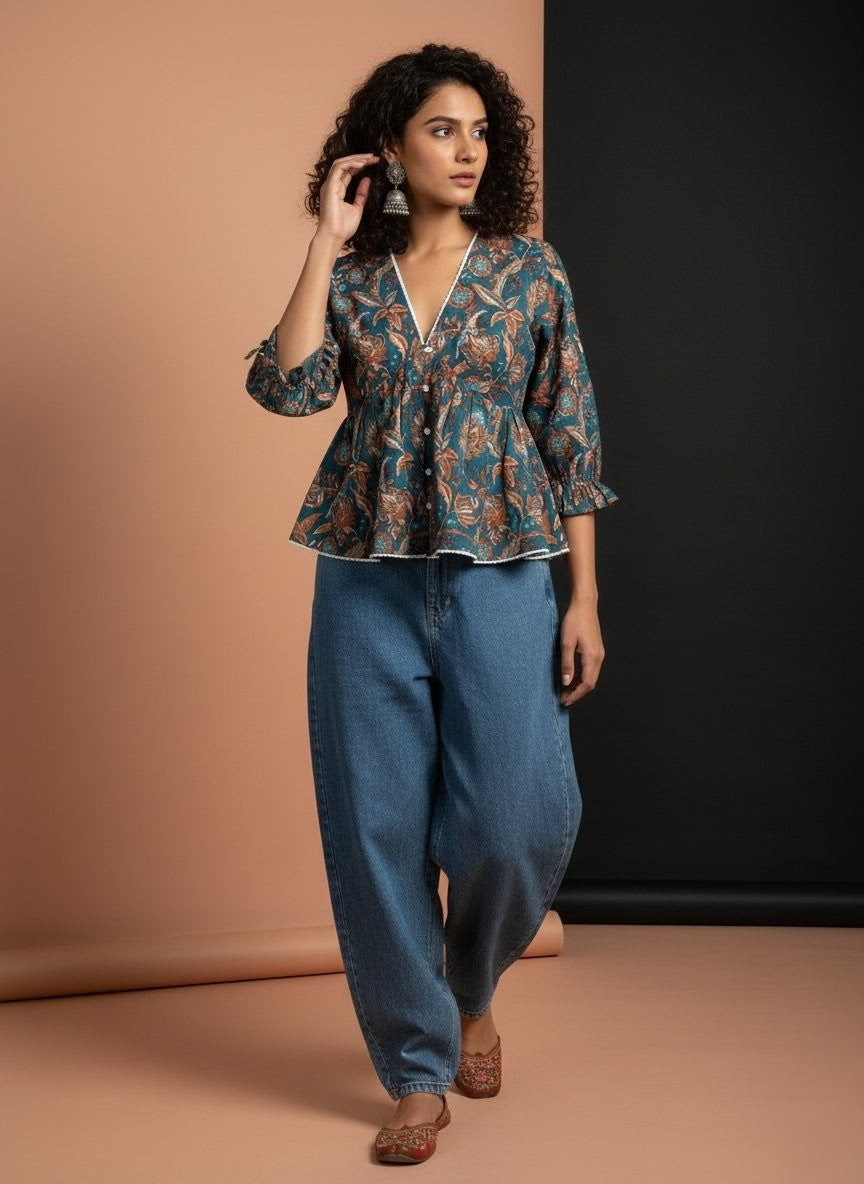 NEEL Comfort Fit Printed Peplum Top – Premium Cotton Casual Top for Women