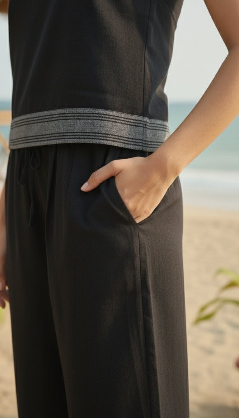 Black Sleeveless Cotton Co-ord Set – Patch Border Top with Flowy Wide-Leg Pants