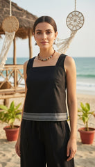 Black Sleeveless Cotton Co-ord Set – Patch Border Top with Flowy Wide-Leg Pants