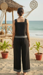 Black Sleeveless Cotton Co-ord Set – Patch Border Top with Flowy Wide-Leg Pants