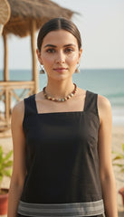 Black Sleeveless Cotton Co-ord Set – Patch Border Top with Flowy Wide-Leg Pants