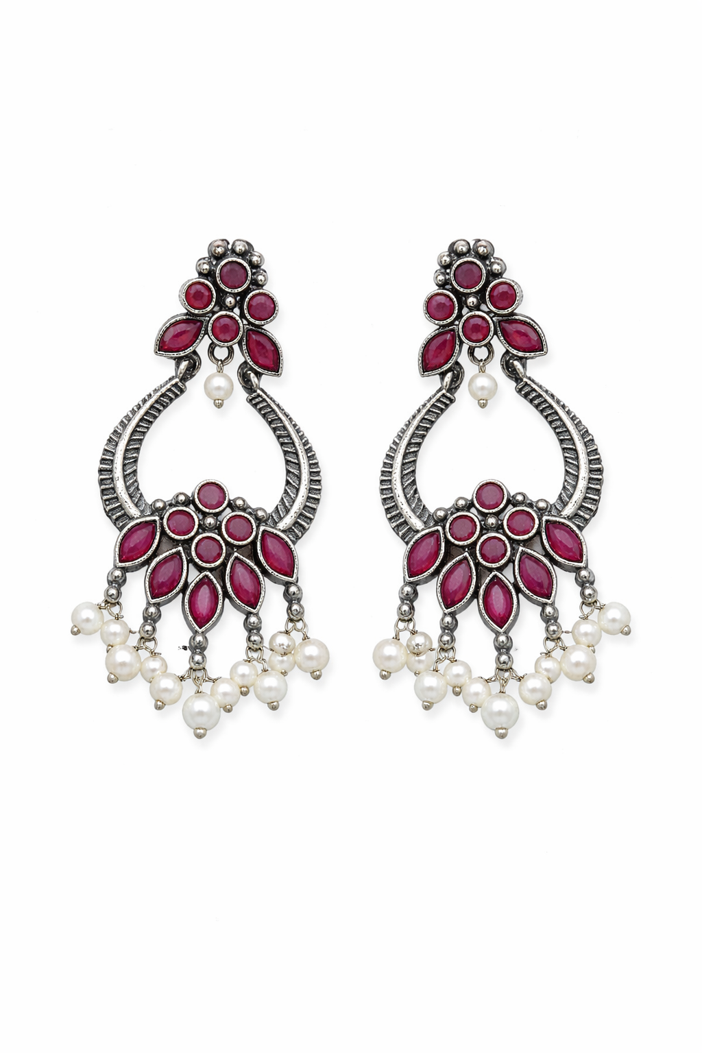 Brass Oxidized Chandbali Earrings with Stone Work & Pearl Danglers Ruby Pink & Dual Pink for women Australia
