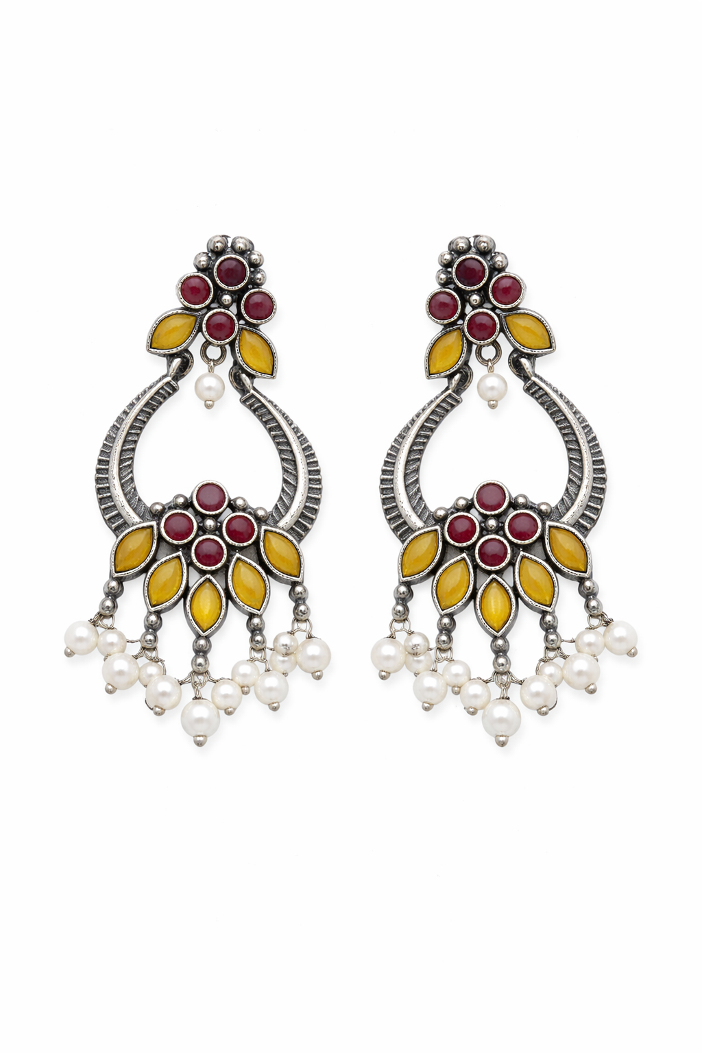 Brass Oxidized Chandbali Earrings with Stone Work & Pearl Danglers Ruby Pink & Mustard Yellow for women Australia