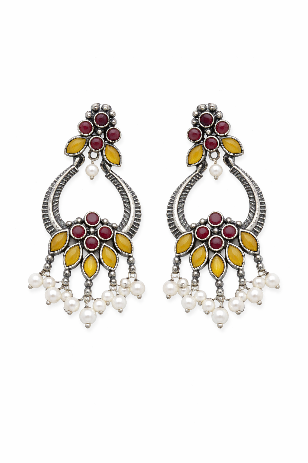 Brass Oxidized Chandbali Earrings with Stone Work & Pearl Danglers Ruby Pink & Mustard Yellow for women Australia