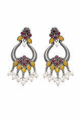 Brass Oxidized Chandbali Earrings with Stone Work & Pearl Danglers Ruby Pink & Mustard Yellow for women Australia