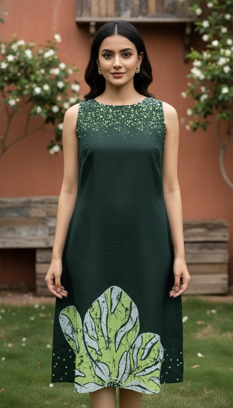 MATCHA Green Cotton Dress – Printed Summer Essential