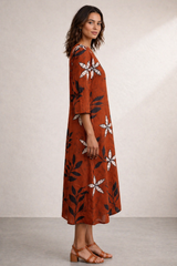 A-Line Wood Brown Cotton Dress – Breathable Floral Everyday Dress for Women | Australia & New Zealand