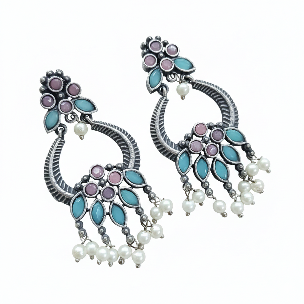 Brass Oxidized Chandbali Earrings with Stone Work & Pearl Danglers