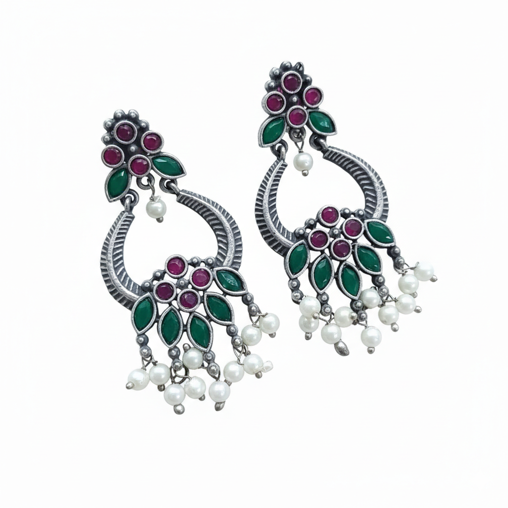 Brass Oxidized Chandbali Earrings with Stone Work & Pearl Danglers Ruby Pink & Emerald Green for women Australia
