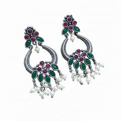 Brass Oxidized Chandbali Earrings with Stone Work & Pearl Danglers Ruby Pink & Emerald Green for women Australia