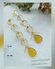 Matt Finish Long Dangler Earrings with Monalisa Stone & Pearl Accents Mustard Yellow for women Australia
