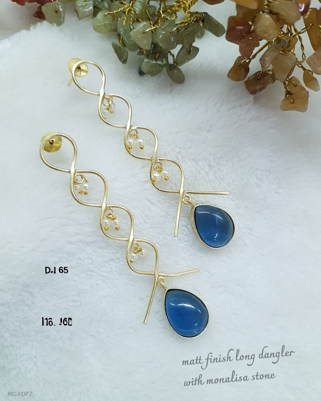 Matt Finish Long Dangler Earrings with Monalisa Stone & Pearl Accents royal blue for women Australia