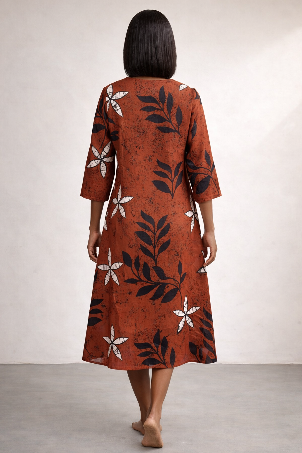 A-Line Wood Brown Cotton Dress – Floral Everyday Elegance
