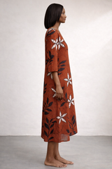 A-Line Wood Brown Cotton Dress – Floral Everyday Elegance